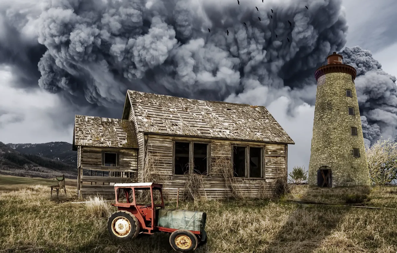 Фото обои дым, дома, трактор, монтаж