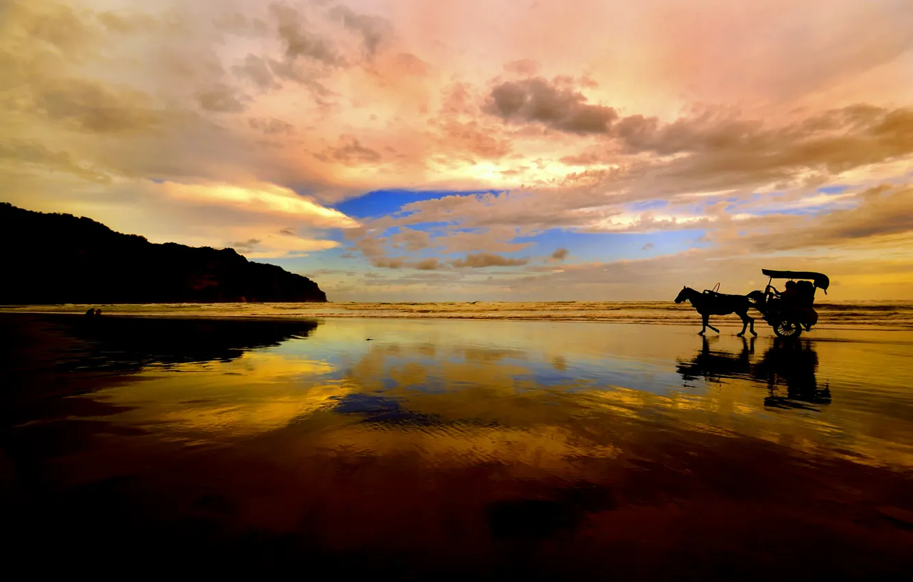 Фото обои море, небо, облака, закат, горы, отражение, лошадь, силуэт