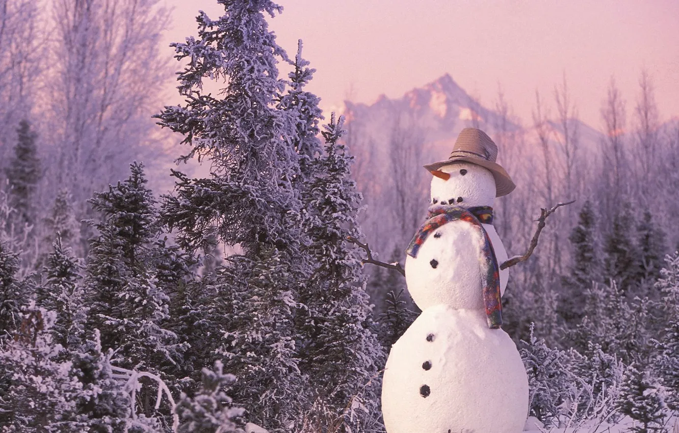 Фото обои зима, лес, новый год, снеговик