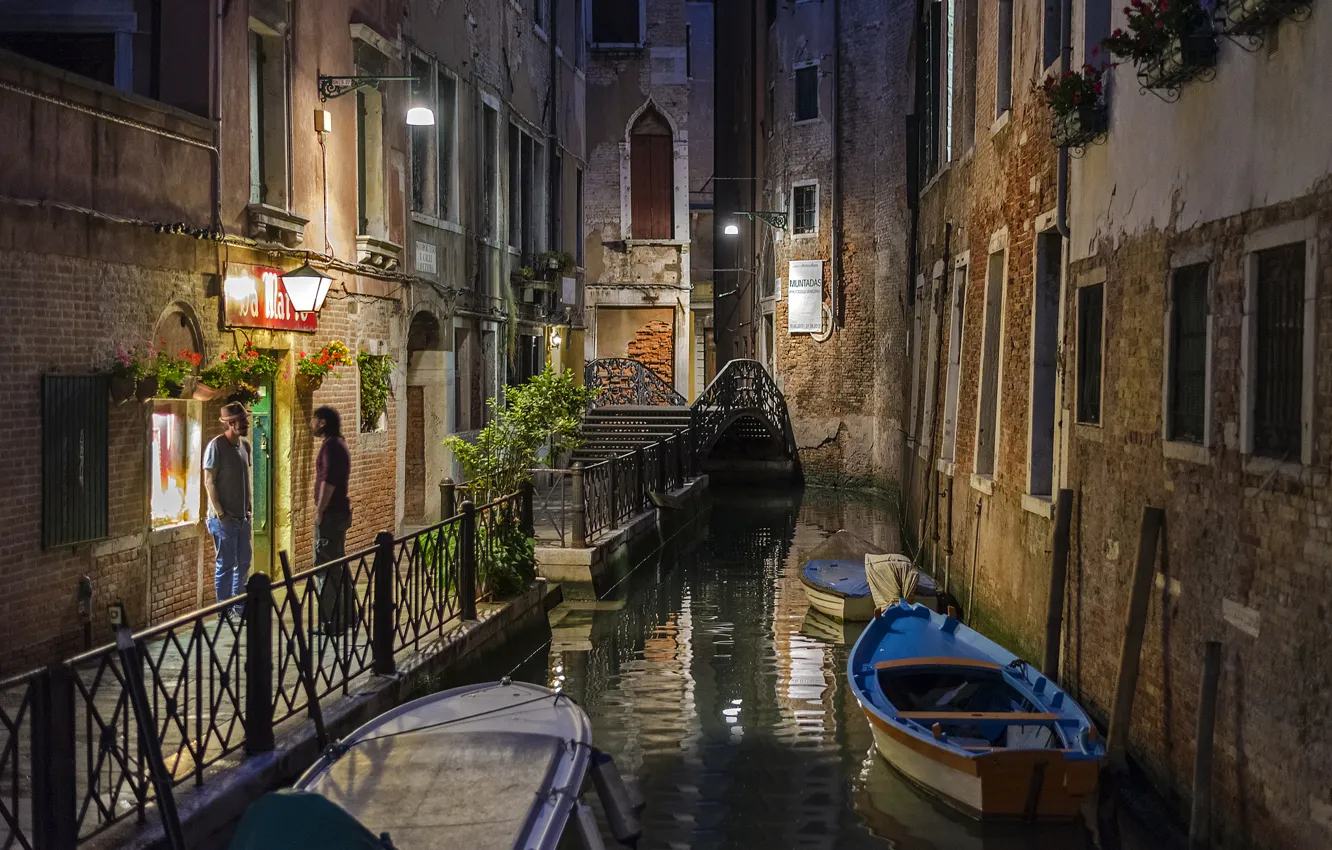 Фото обои лето, ночь, лодки, фонари, Венеция, канал