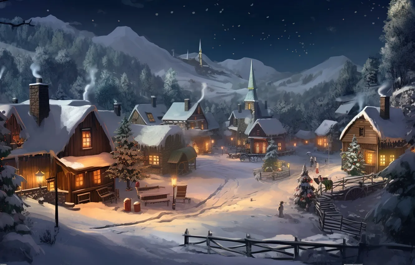 Фото обои зима, снег, ночь, lights, елки, Новый Год, деревня, Рождество