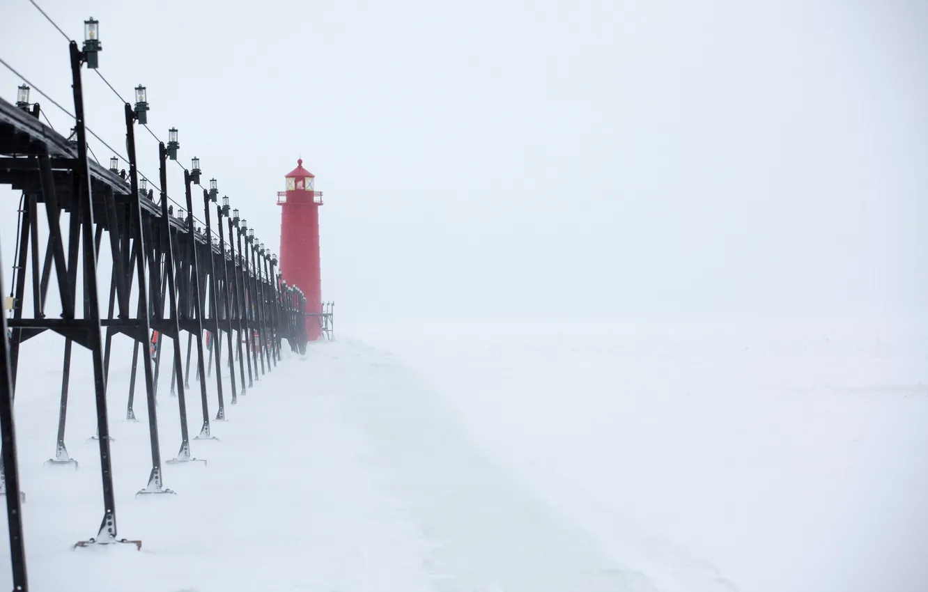 Фото обои Grand, Winter, Snow, lighthouse, Lake, Michigan, Pier, Haven