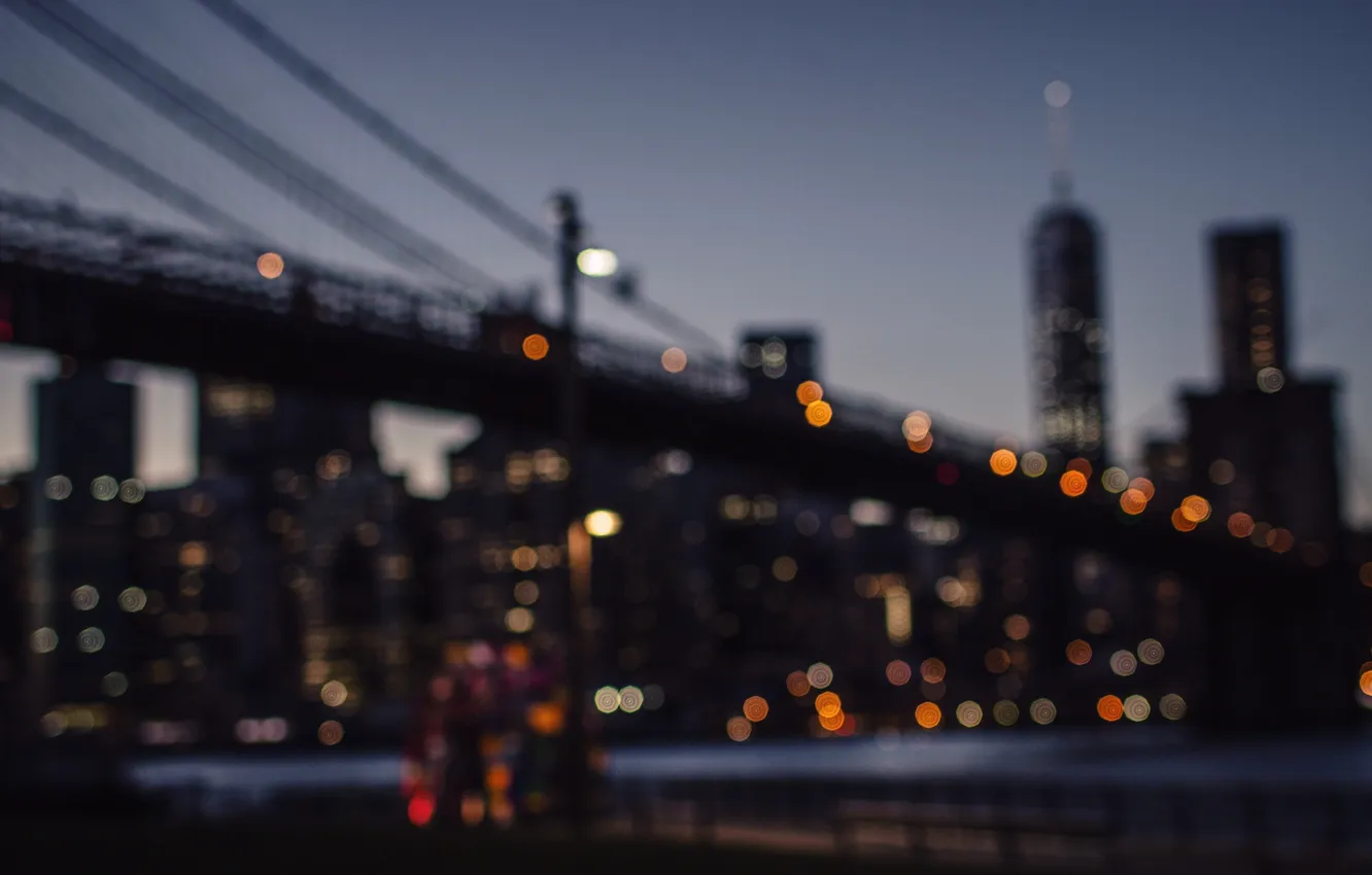 Фото обои мост, огни, Нью-Йорк, панорама, боке, Соединенные Штаты