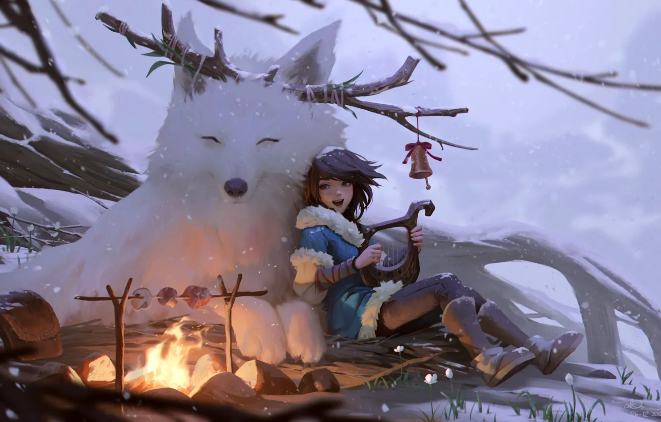 Фото обои зима, девушка, ветки, животное, арт, костёр, иллюстрация, Dao Trong Le