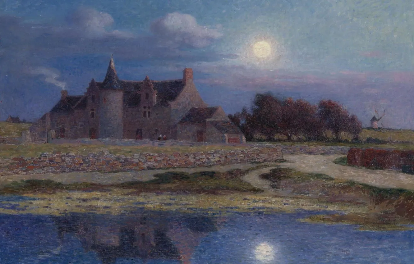Фото обои пейзаж, ночь, дом, отражение, картина, Ferdinand du Puigaudeau, Фердинанд дю Пюигадо, Kervaudu under the Clear …