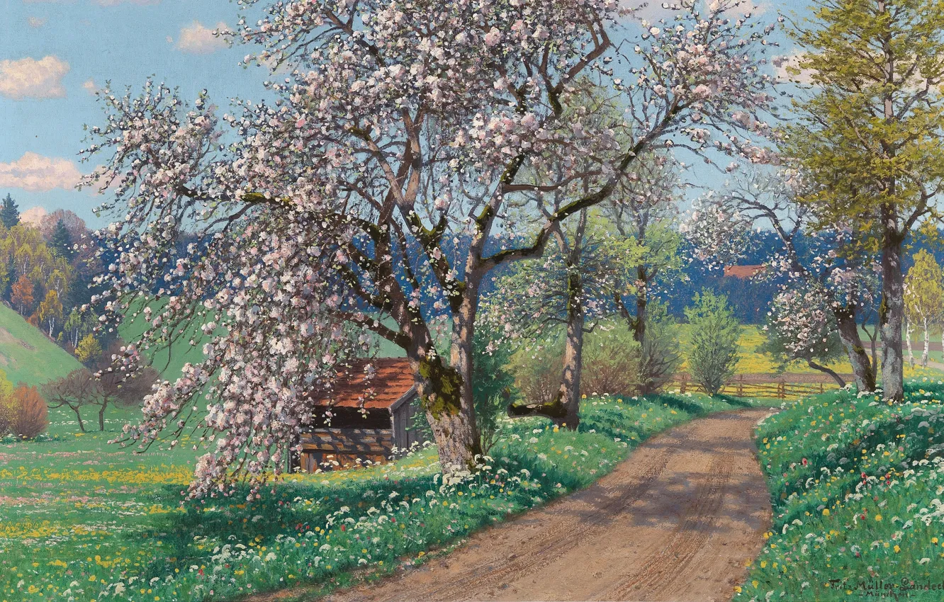 Фото обои Весенний день, German painter, немецкий живописец, oil on canvas, Fritz Müller-Landeck, Фриц Мюллер-Ландек, A Spring …