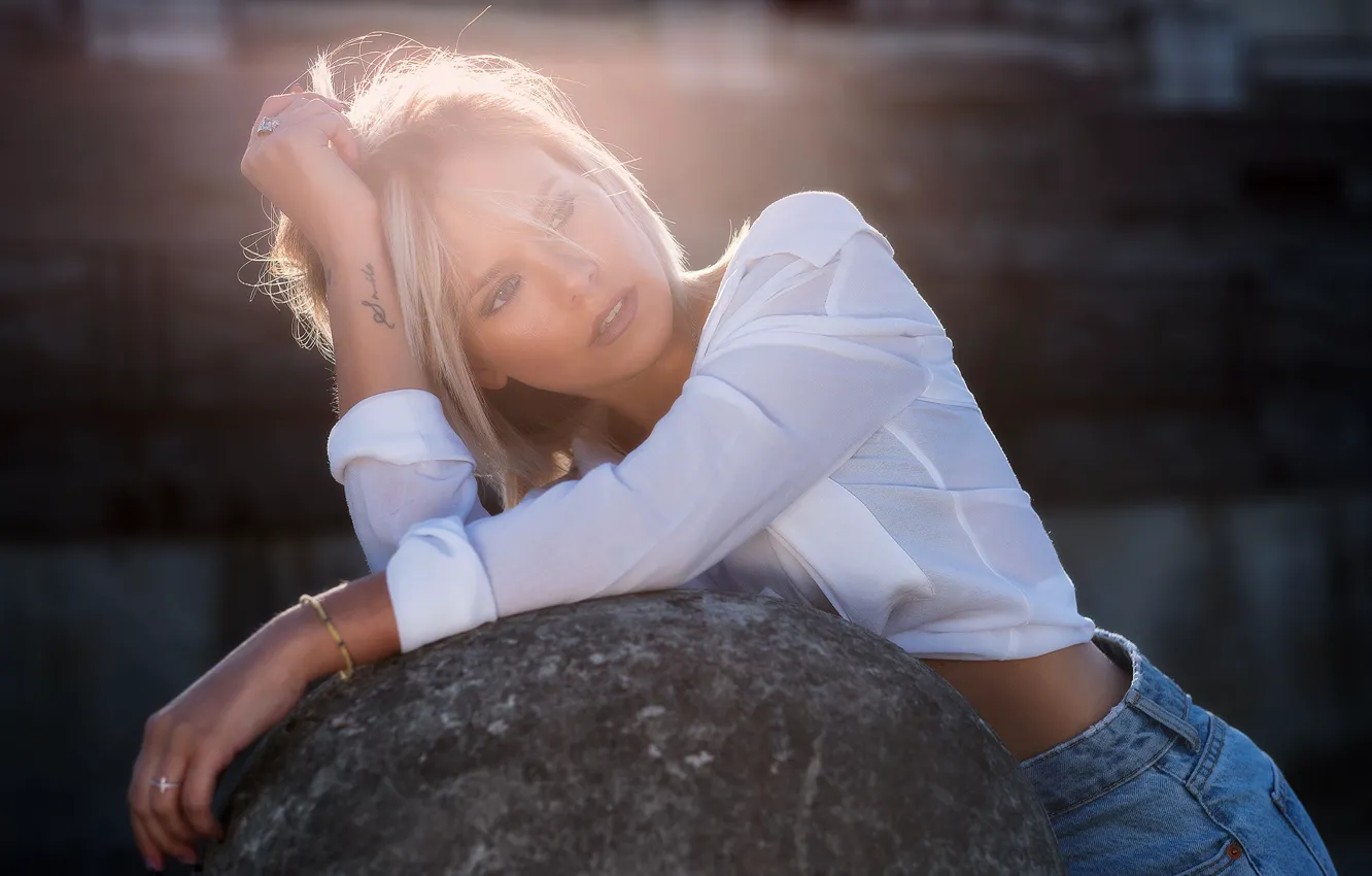 Фото обои Girl, Sun, Beauty, Eyes, Blond, Sight