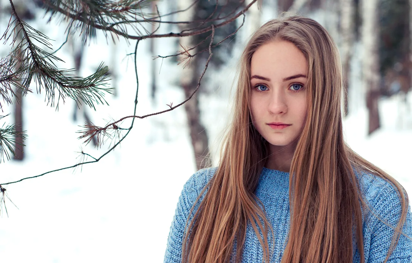 Фото обои girl, Model, long hair, trees, photo, blue eyes, winter, snow