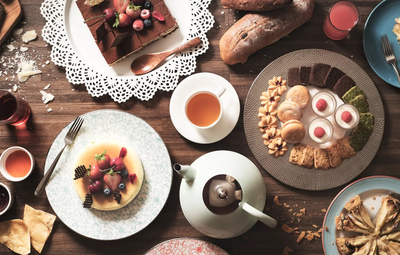 Фото обои ягоды, чай, пирог, торт, пирожное, десерт, ассорти