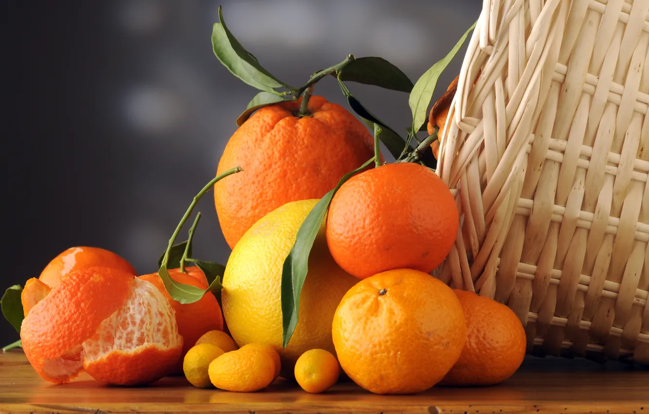 Фото обои листья, корзина, апельсины, фрукты, цитрусы, кожура, мандарины