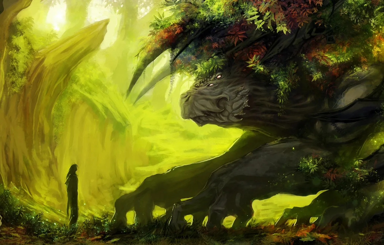 Фото обои лес, человек, монстр, растения, существо, арт