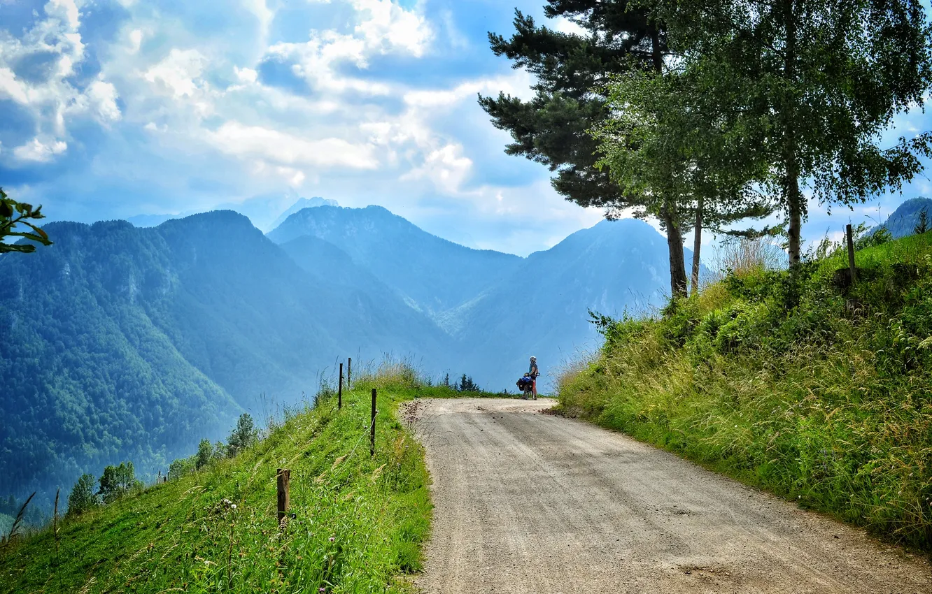 Фото обои дорога, лето, Альпы, велосипедист
