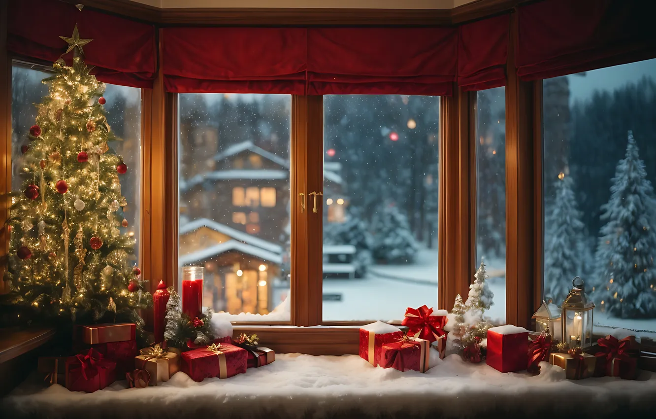 Фото обои елка, интерьер, окно, Рождество, Новый год, подоконник, Christmas, view