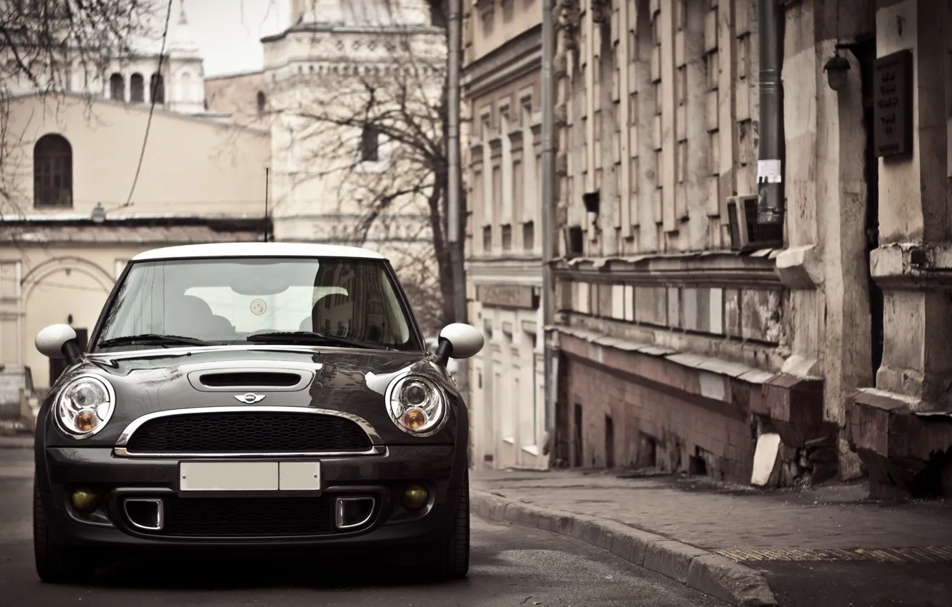 Фото обои Авто, Город, Осень, Машина, Фары, Mini Cooper, Мини Купер