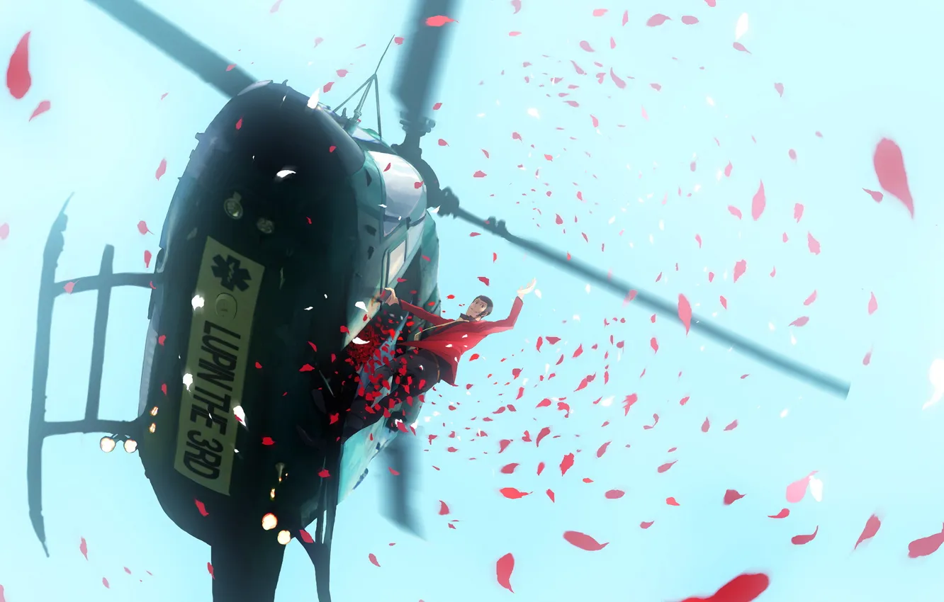 Фото обои небо, красный, аниме, лепестки, арт, вертолет, мужчина, Lupin the third