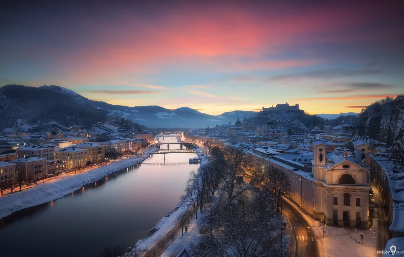 Фото обои зима, мост, город, огни, река, дома, Австрия, Зальцбург
