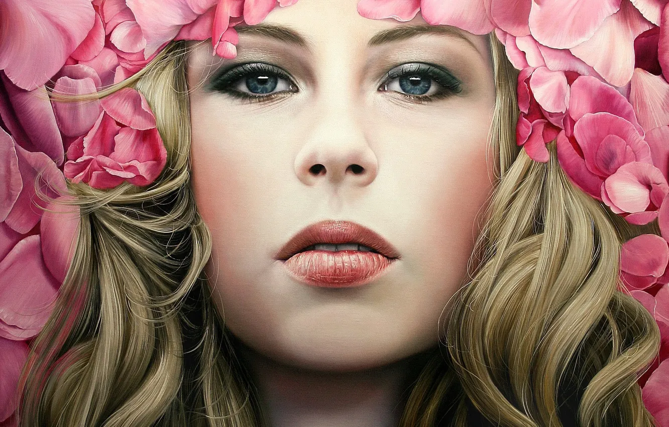 Фото обои девушка, цветы, лицо, арт, розовые, локоны, Christiane Vleugels