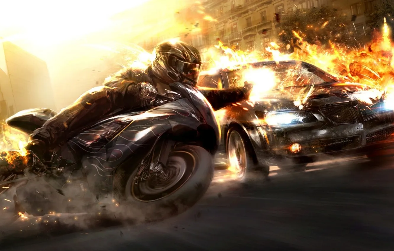 Фото обои машина, взрыв, огонь, скорость, мотоцикл, гонки, Wheelman