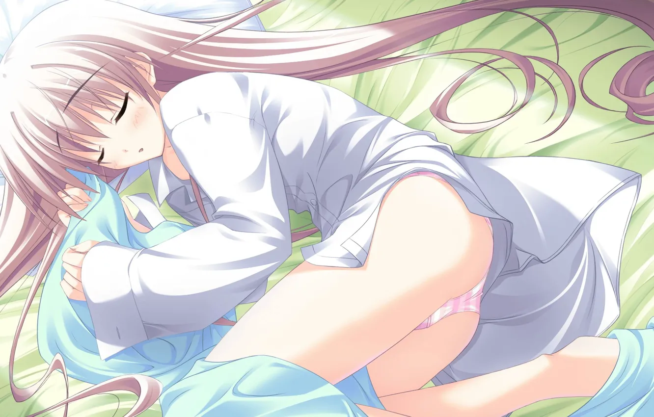 Фото обои девочка, длинные волосы, в постели, белая рубашка, visual novel, спит калачиком, Kanade Misagiri, Marginal Skip