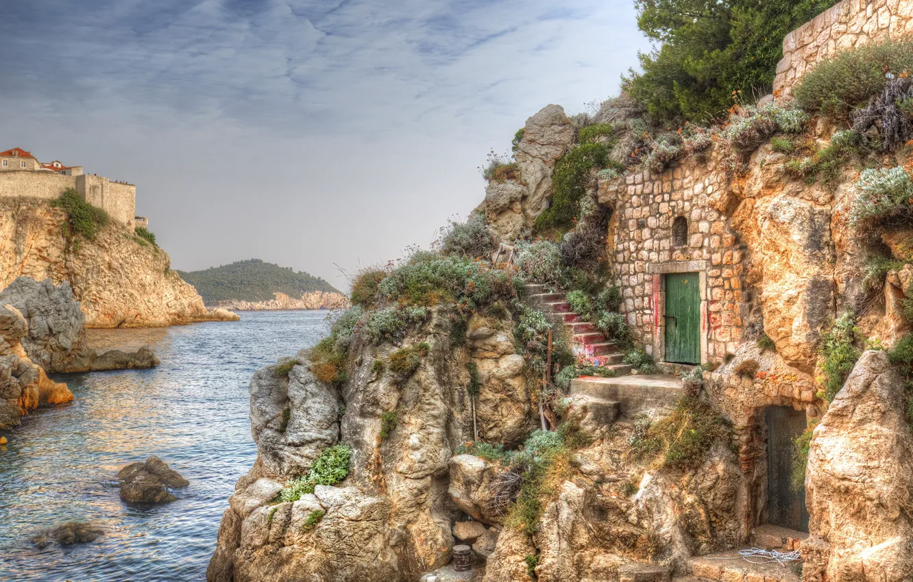Фото обои море, скалы, HDR, Хорватия, Croatia, Dubrovnik