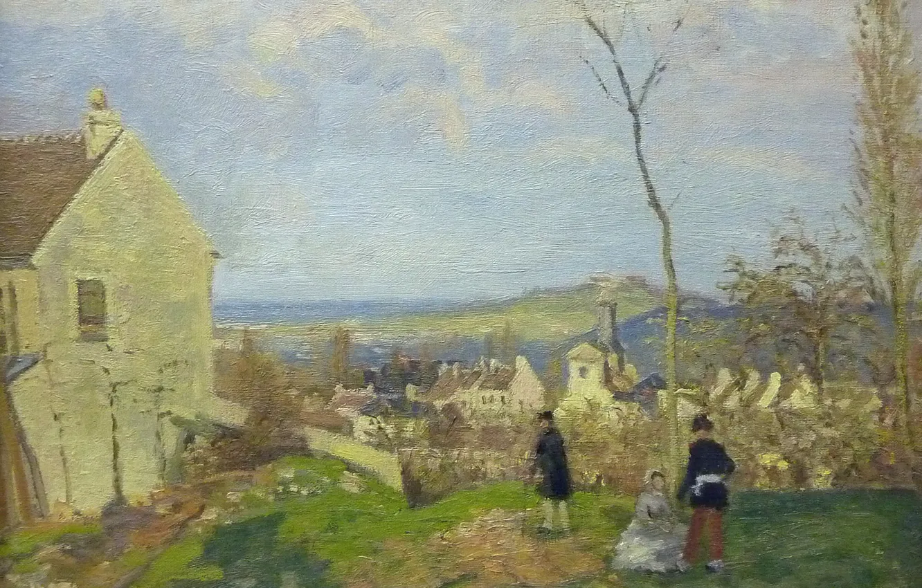 Фото обои пейзаж, дом, люди, картина, Камиль Писсарро, Лувесьен с Мон-Валерьен на Заднем Плане