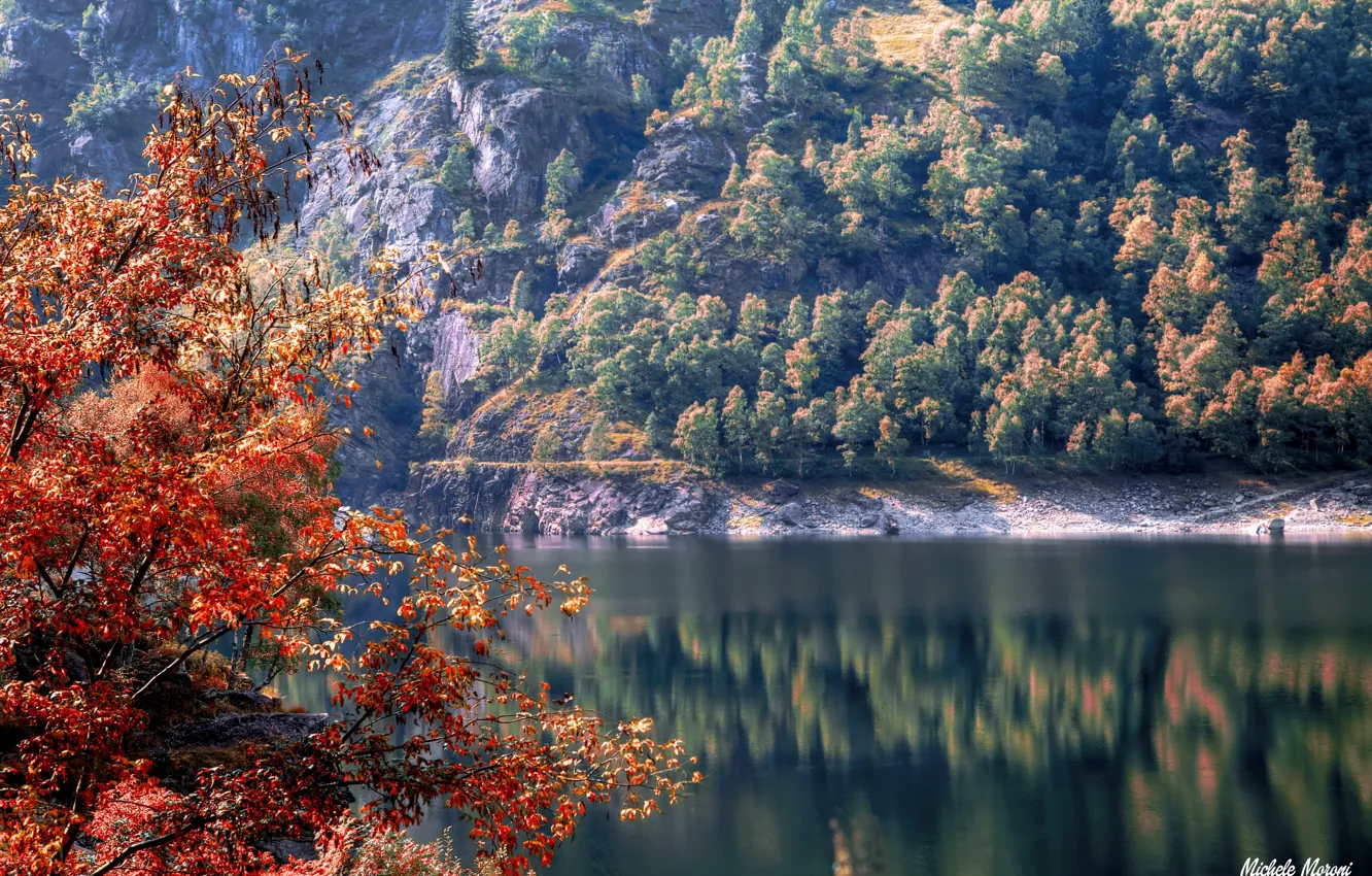 Фото обои осень, деревья, река, скалы, Италия, Piedmont