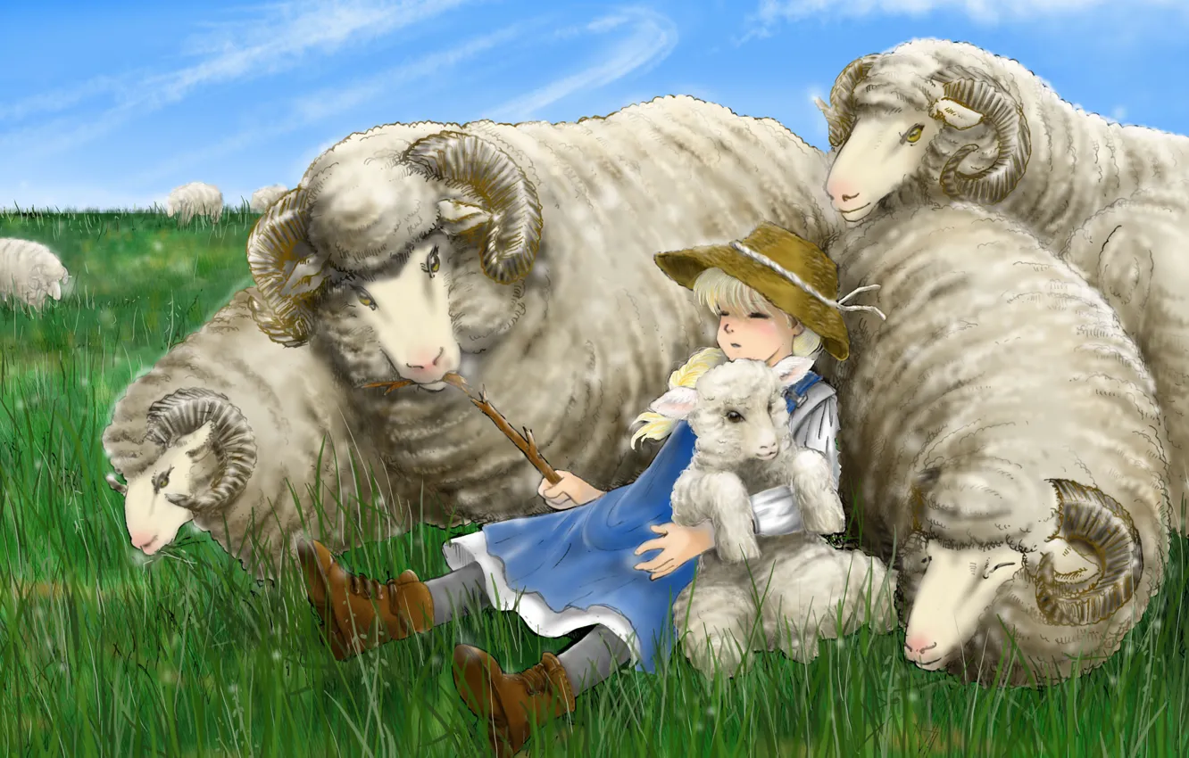 Фото обои небо, трава, сон, шляпа, луг, рога, овечки, Пастушка