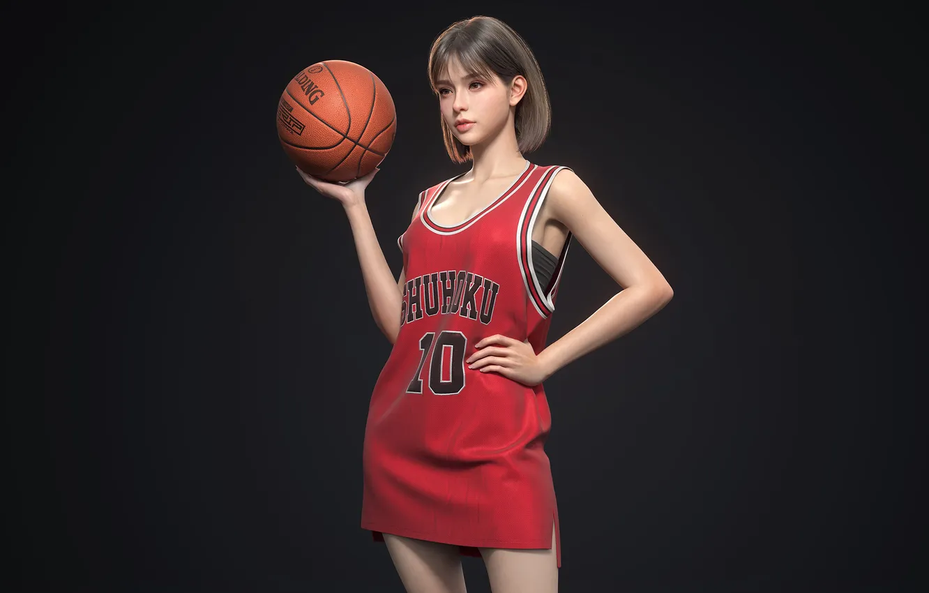 Фото обои Asian, basketball, short hair, women, brunette, Slam Dunk, simple background, sportswear