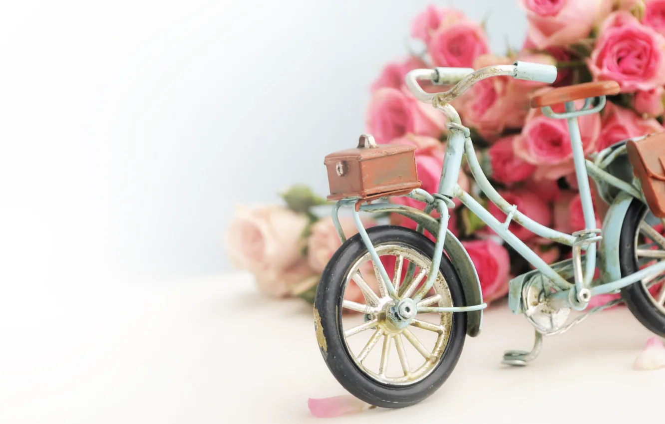 Фото обои цветы, велосипед, розы, букет