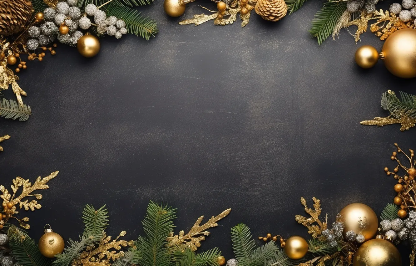 Фото обои украшения, темный фон, шары, рамка, Новый Год, Рождество, golden, new year
