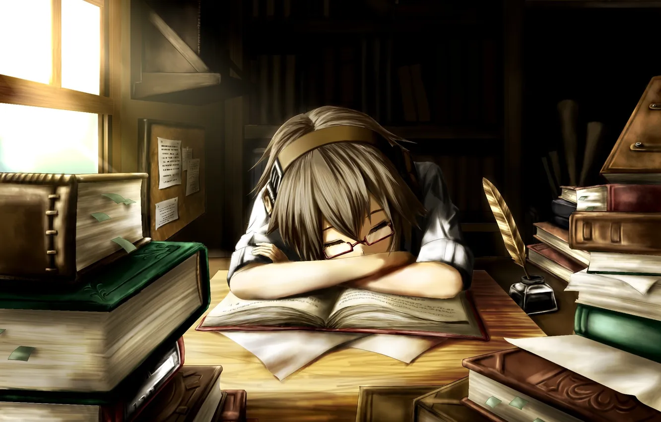 Фото обои девушка, книги, аниме, наушники, арт, очки, спит, namacotan