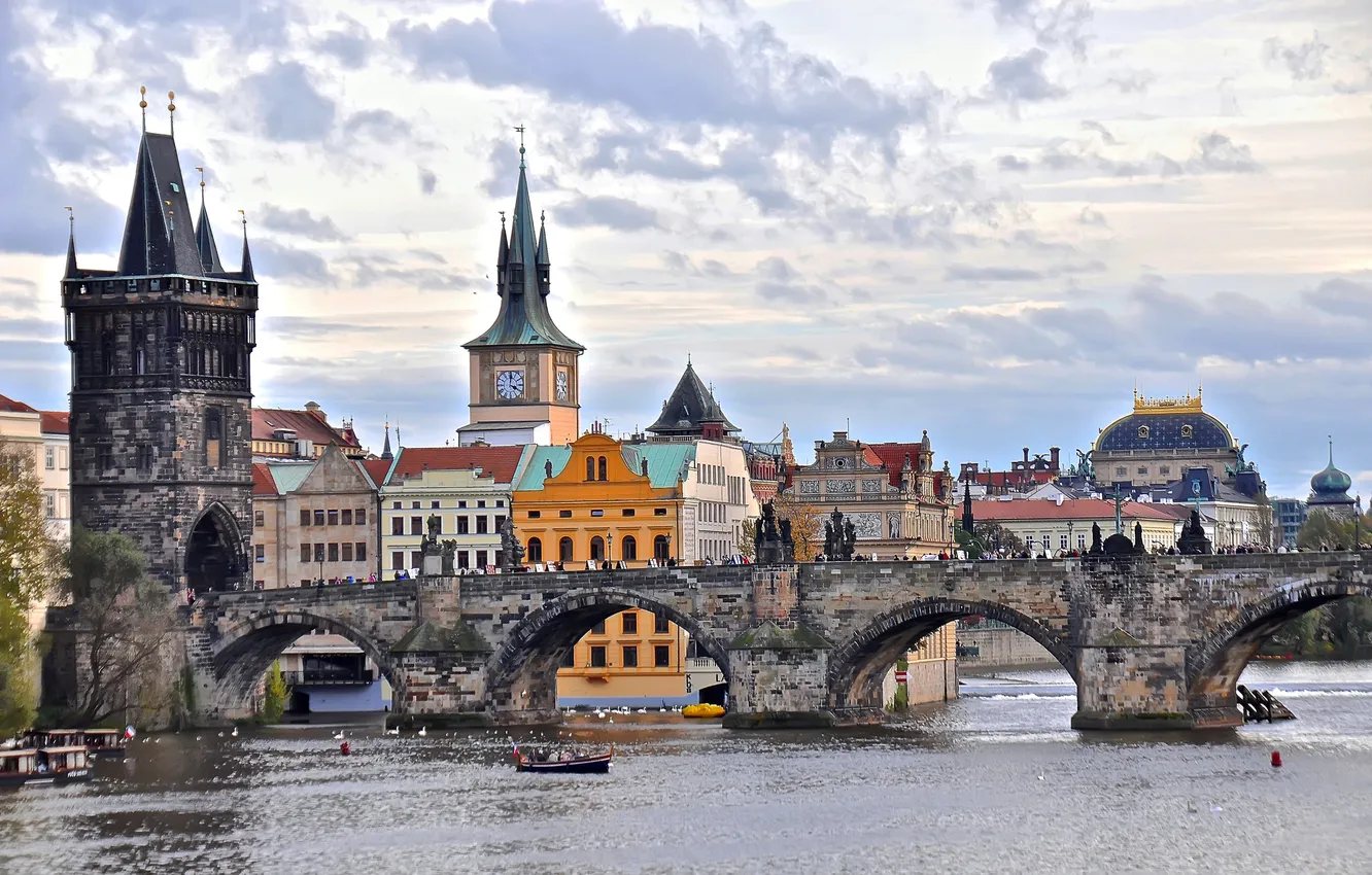 Фото обои дома, Прага, Чехия, Карлов мост, река Влтава