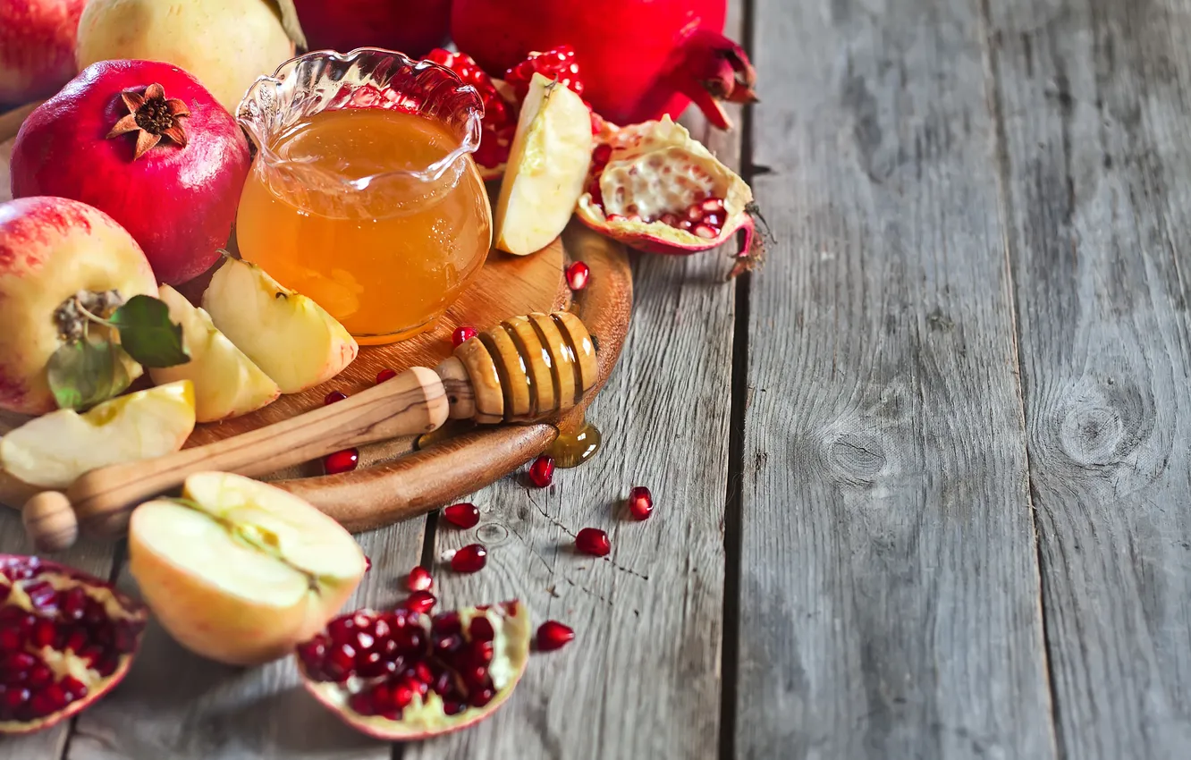 Фото обои яблоки, зерна, мед, honey, дольки, гранат, apples, slices