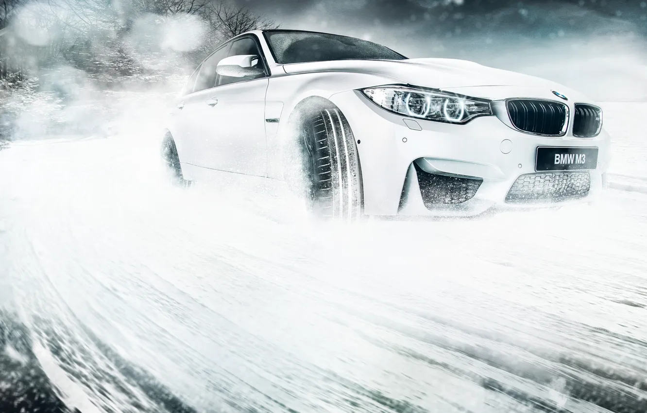 Фото обои BMW, Car, Front, Snow, White, Skid