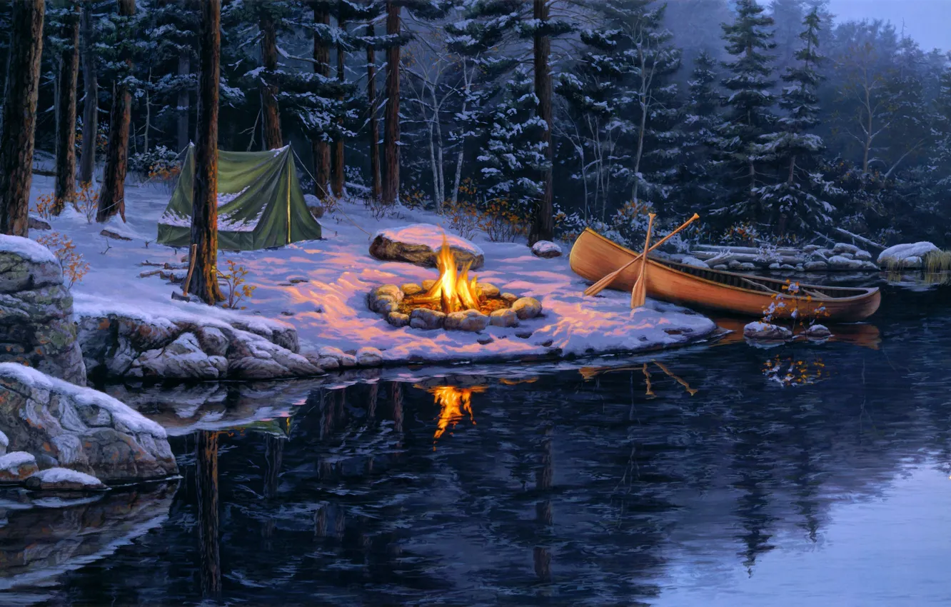 Фото обои зима, лес, снег, озеро, луна, лодка, ель, костер