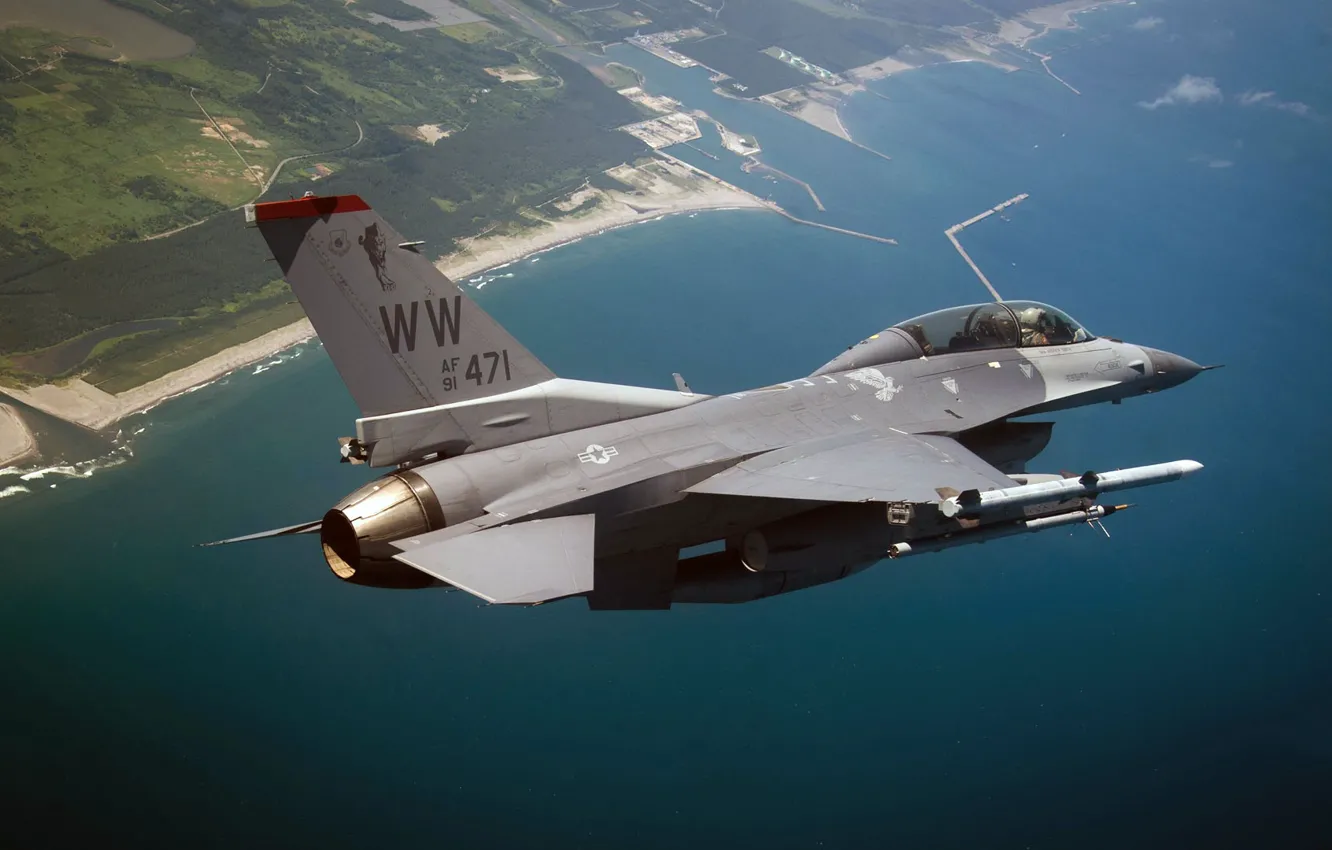 Фото обои F-16, Fighting Falcon, General Dynamics, истребитель четвёртого поколения, американский многофункциональный лёгкий