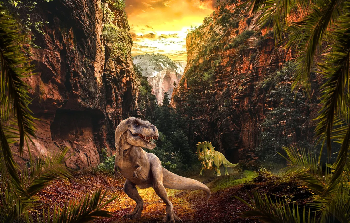 Фото обои Закат, Облака, Горы, Хищник, Двое, Животные, Raptor, Dinosaur