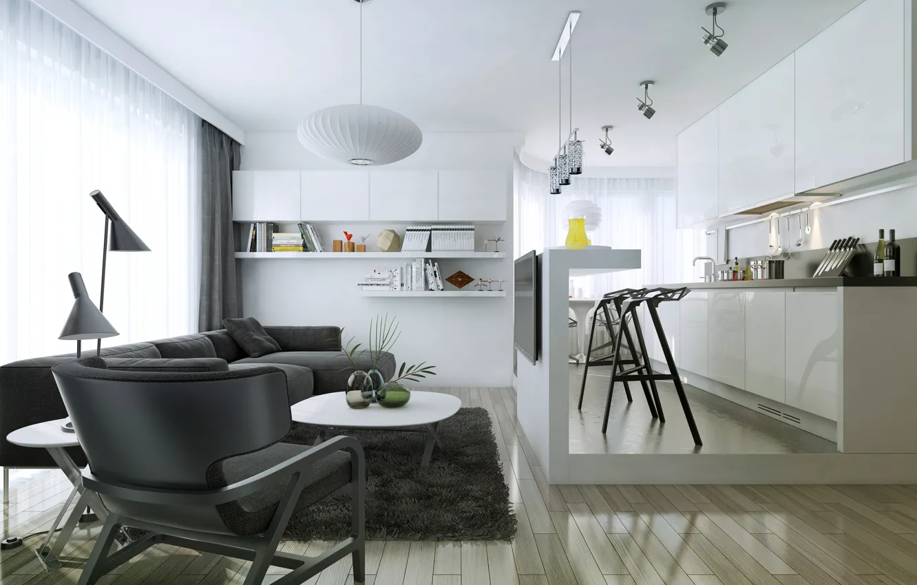 Фото обои modern, living room, kitchen, department