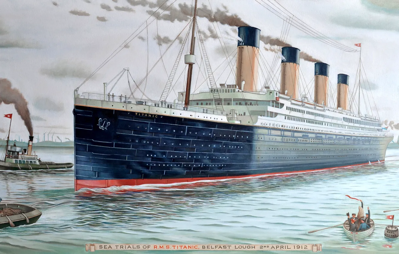 Фото обои Вода, Лайнер, день, Лодки, Титаник, Судно, Titanic, Отход