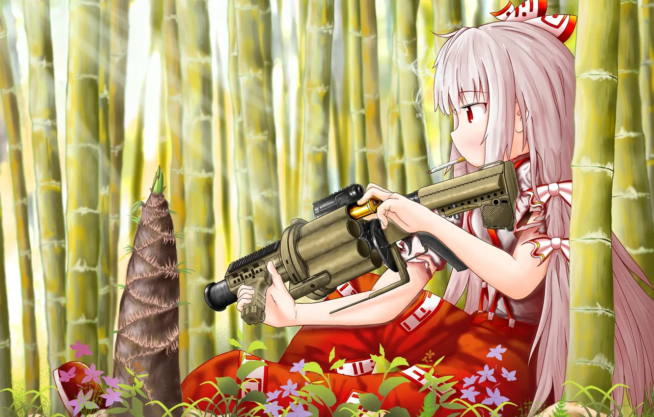 Фото обои оружие, бамбук, девочка, пулемёт, Touhou, Тохо, Тоухоу