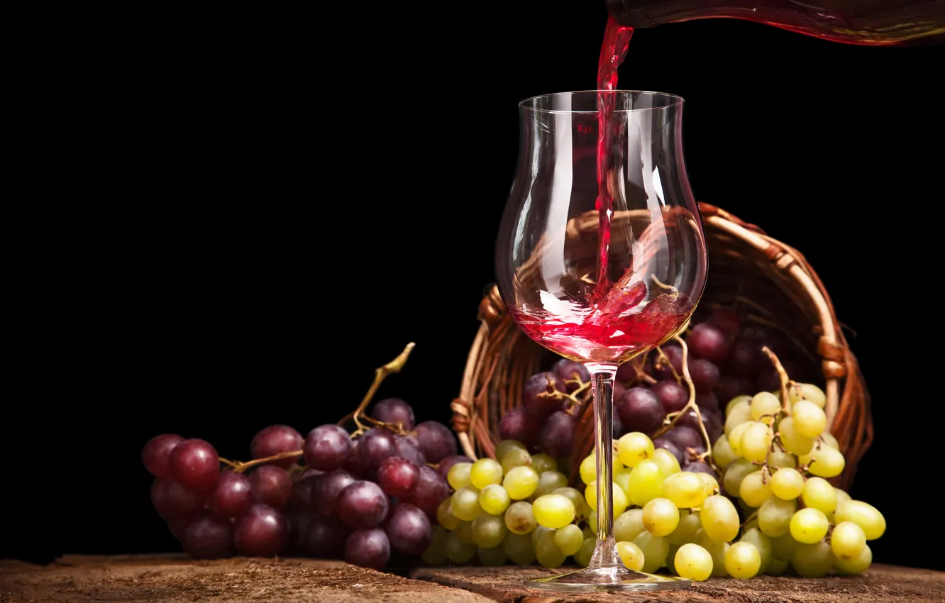 Фото обои вино, корзина, бокал, виноград