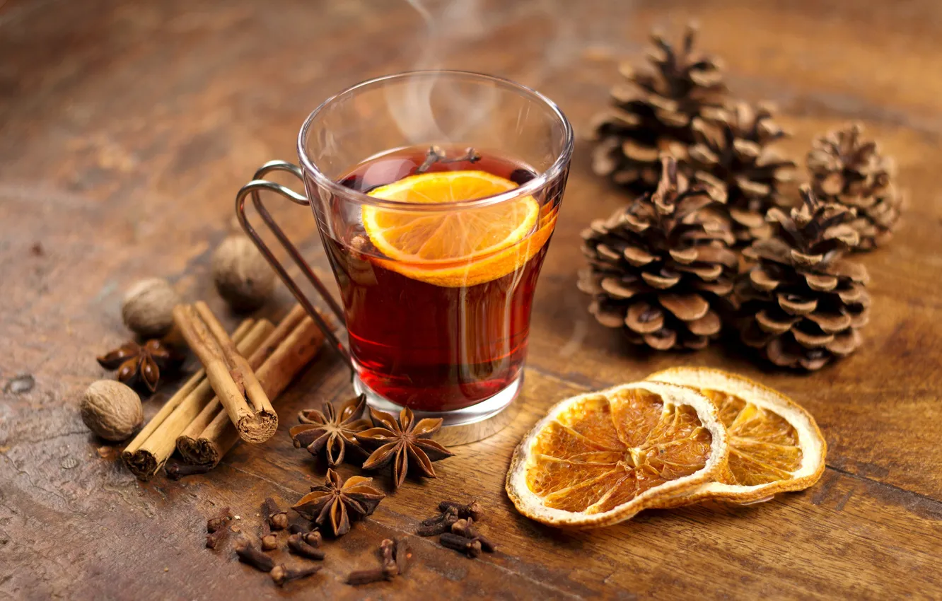 Фото обои чай, апельсин, корица, шишки