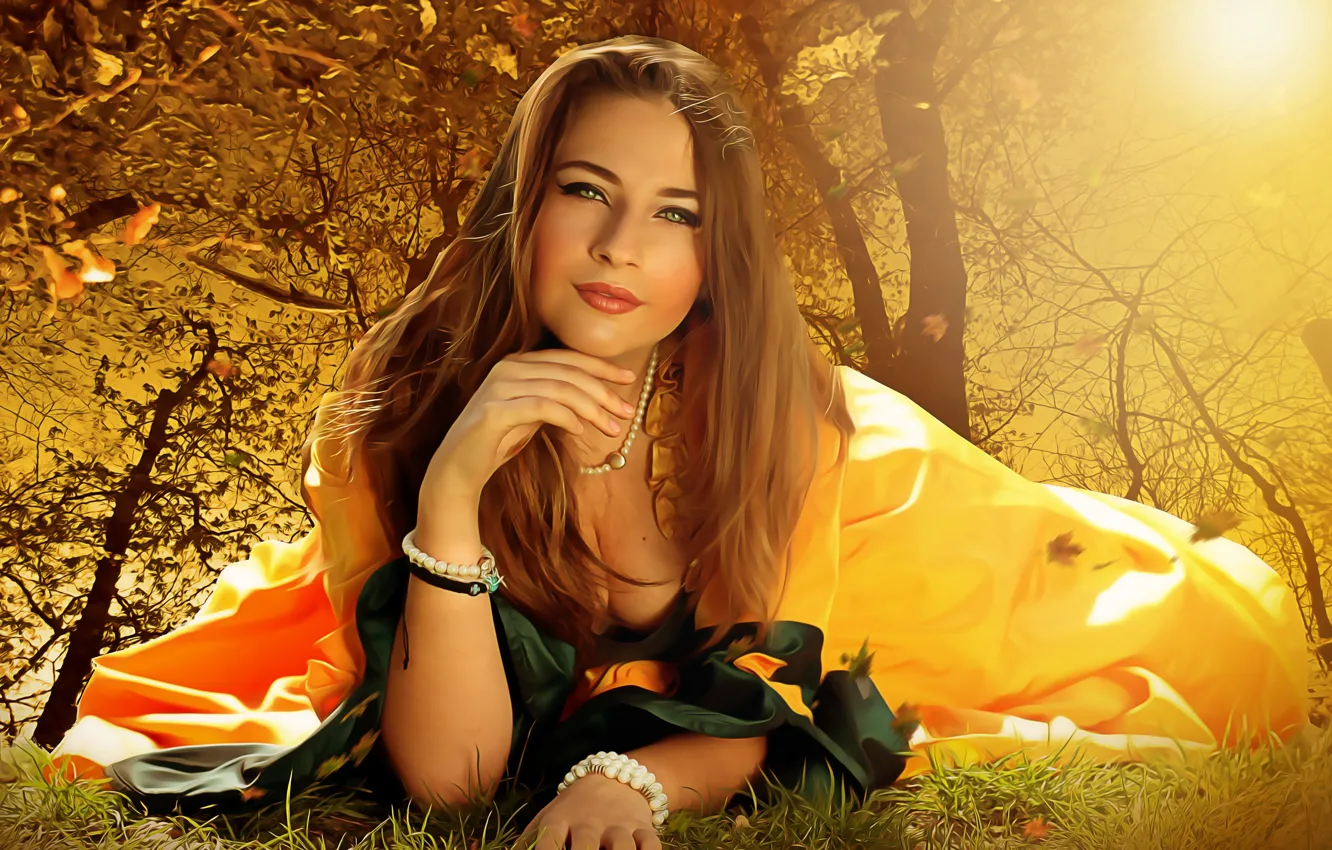 Фото обои осень, грудь, листья, девушка, свет, парк, дерево, настроение