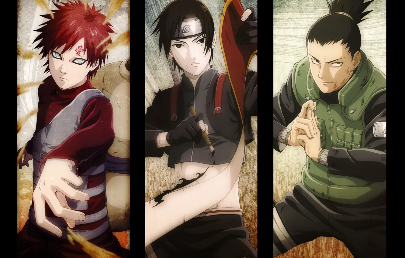 Фото обои взгляд, рука, повязка, Naruto, друзья, жест, свиток, ninja