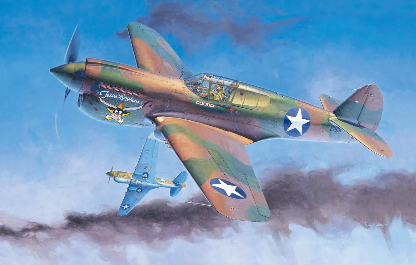 Фото обои Curtiss, Warhawk, американский истребитель, P-40E, Военно-воздушные силы США