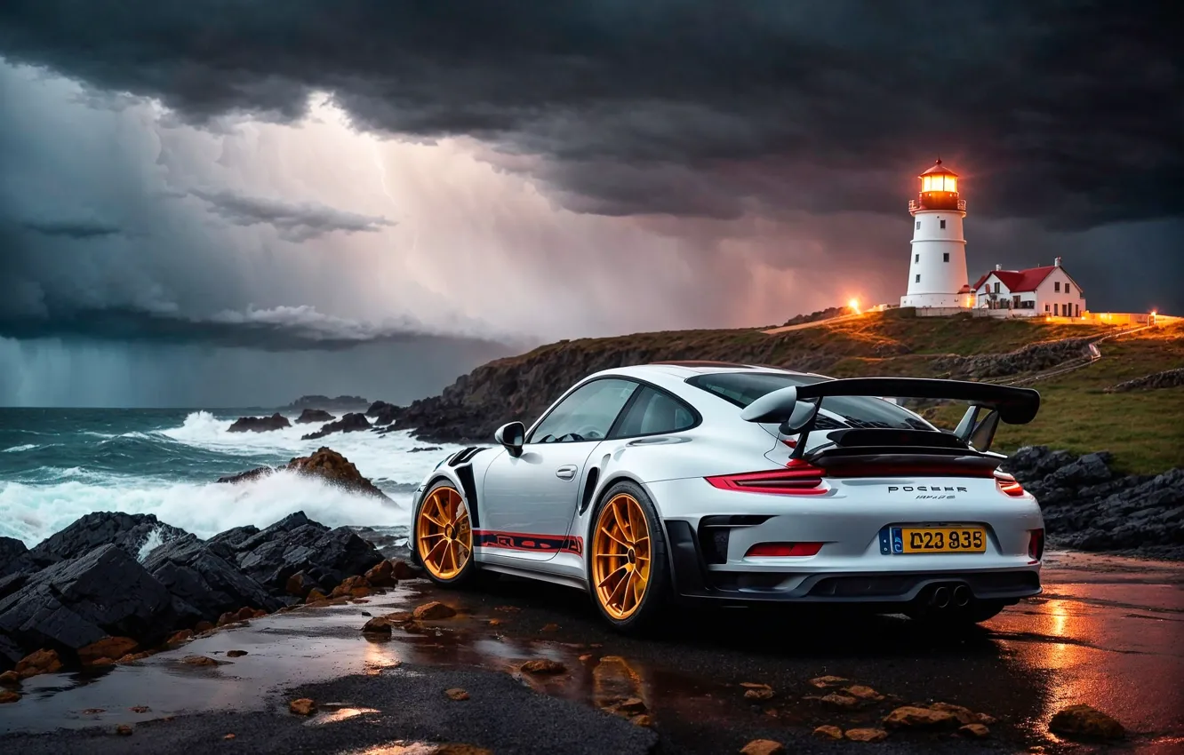Фото обои море, машина, авто, маяк, Porsche 911, Porsche 911 GT3 RS, нейросеть