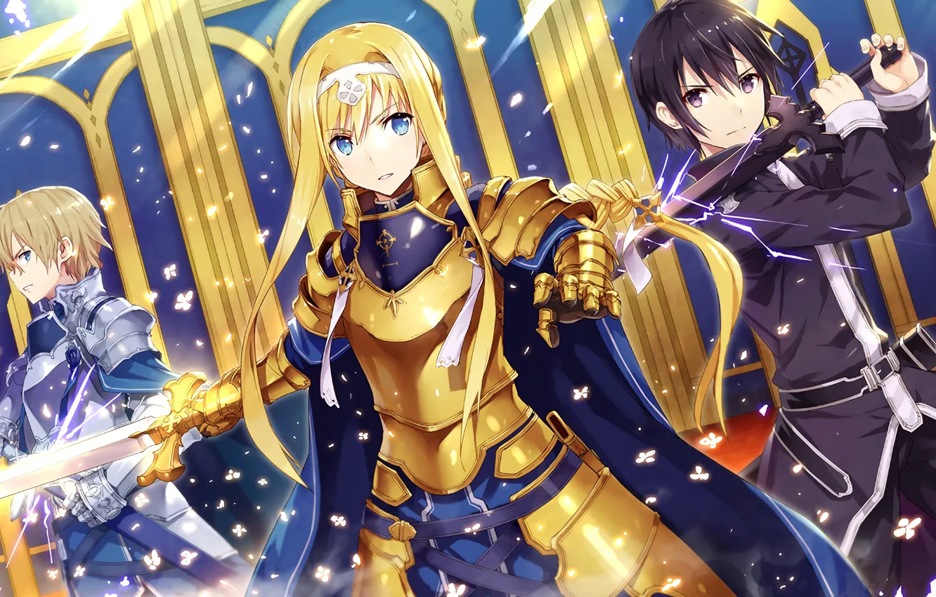 Фото обои kawaii, girl, sword, gold, armor, anime, beautiful, pretty
