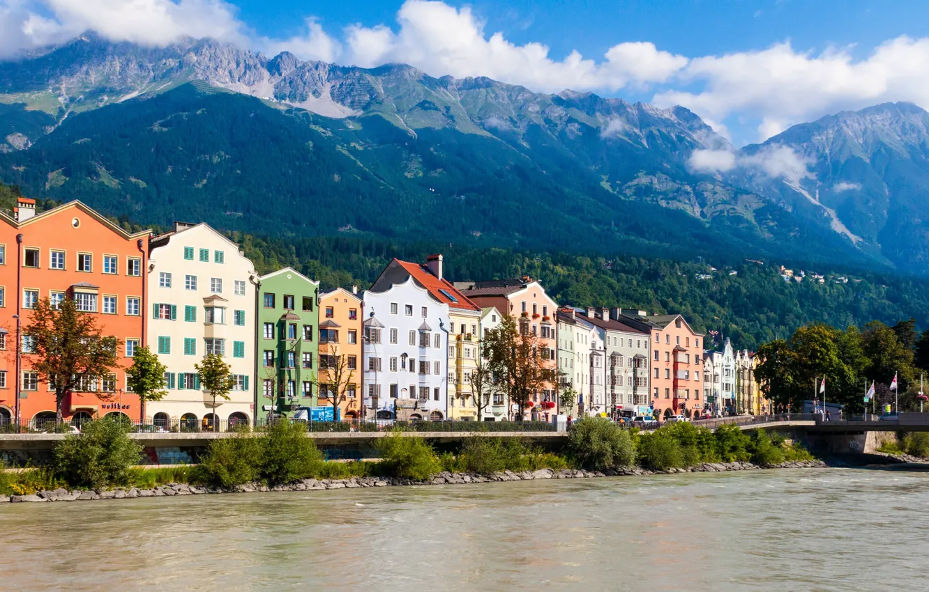 Фото обои горы, река, здания, дома, Австрия, мостик, river, bridge