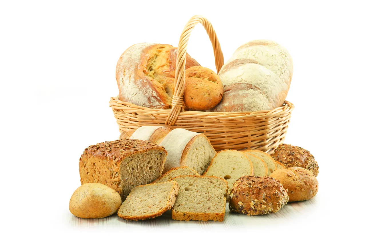 Фото обои корзина, хлеб, выпечка, булочки, ломти, батон