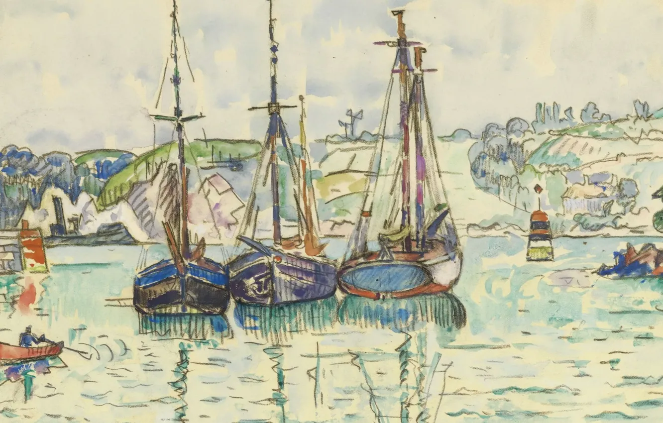 Фото обои море, рисунок, акварель, гавань, Поль Синьяк, Три Лодки